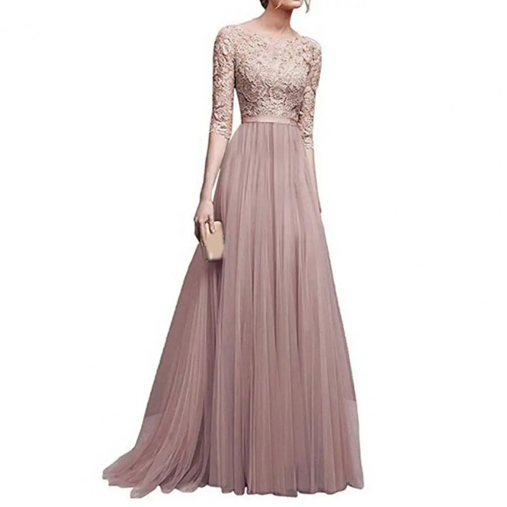 Lace Flower Embroidery Pleated Floor Length Women Chiffon Long Dress