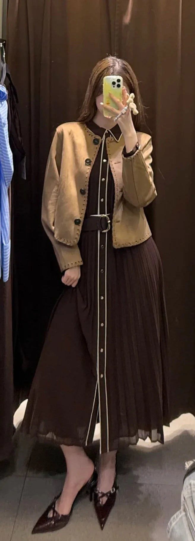 Russet Long Sleeves with Belt Pleated Embellished Midi Dress