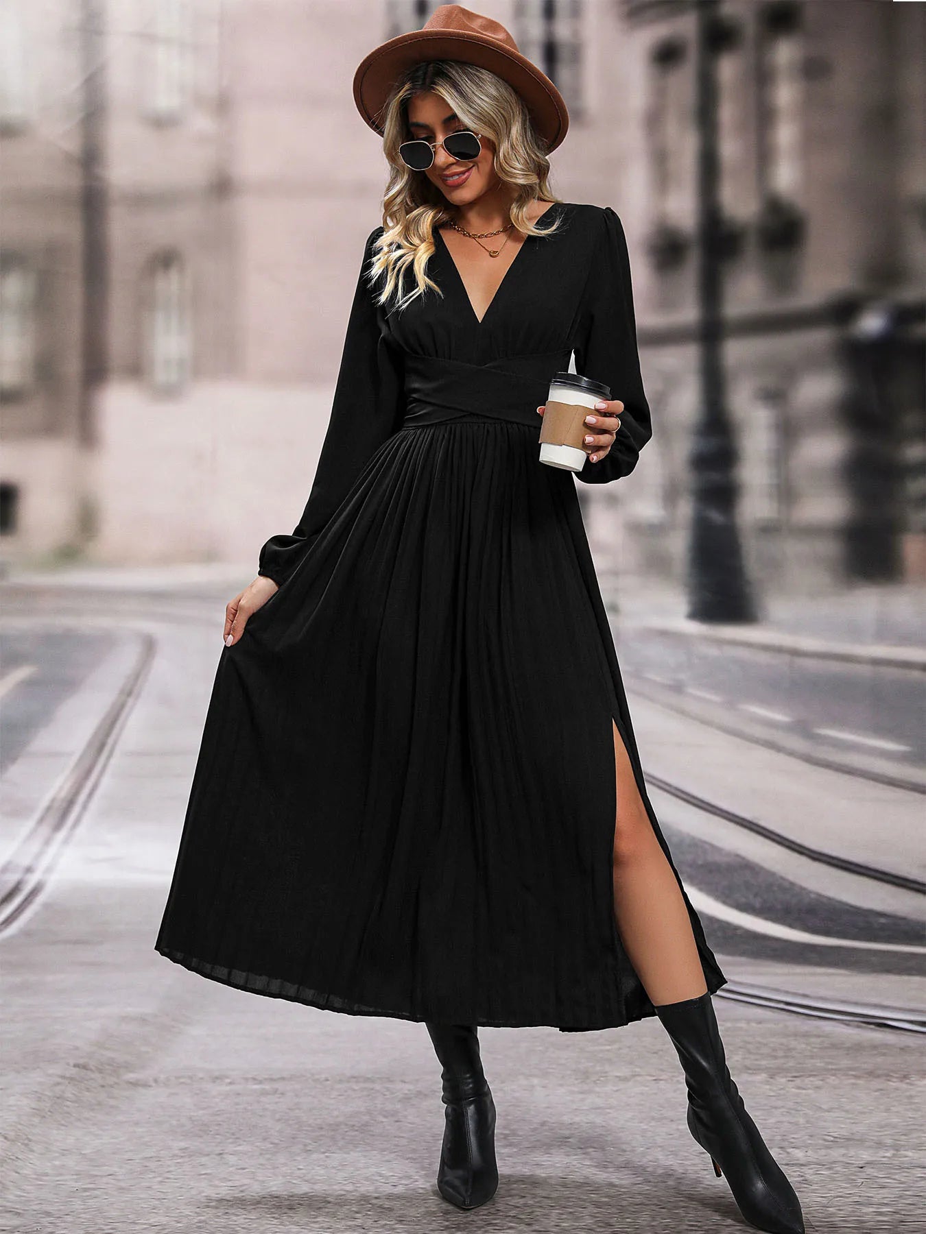 Solid Color V Neck Long Sleeve Midi Dress with Side Slit Waist Wrap