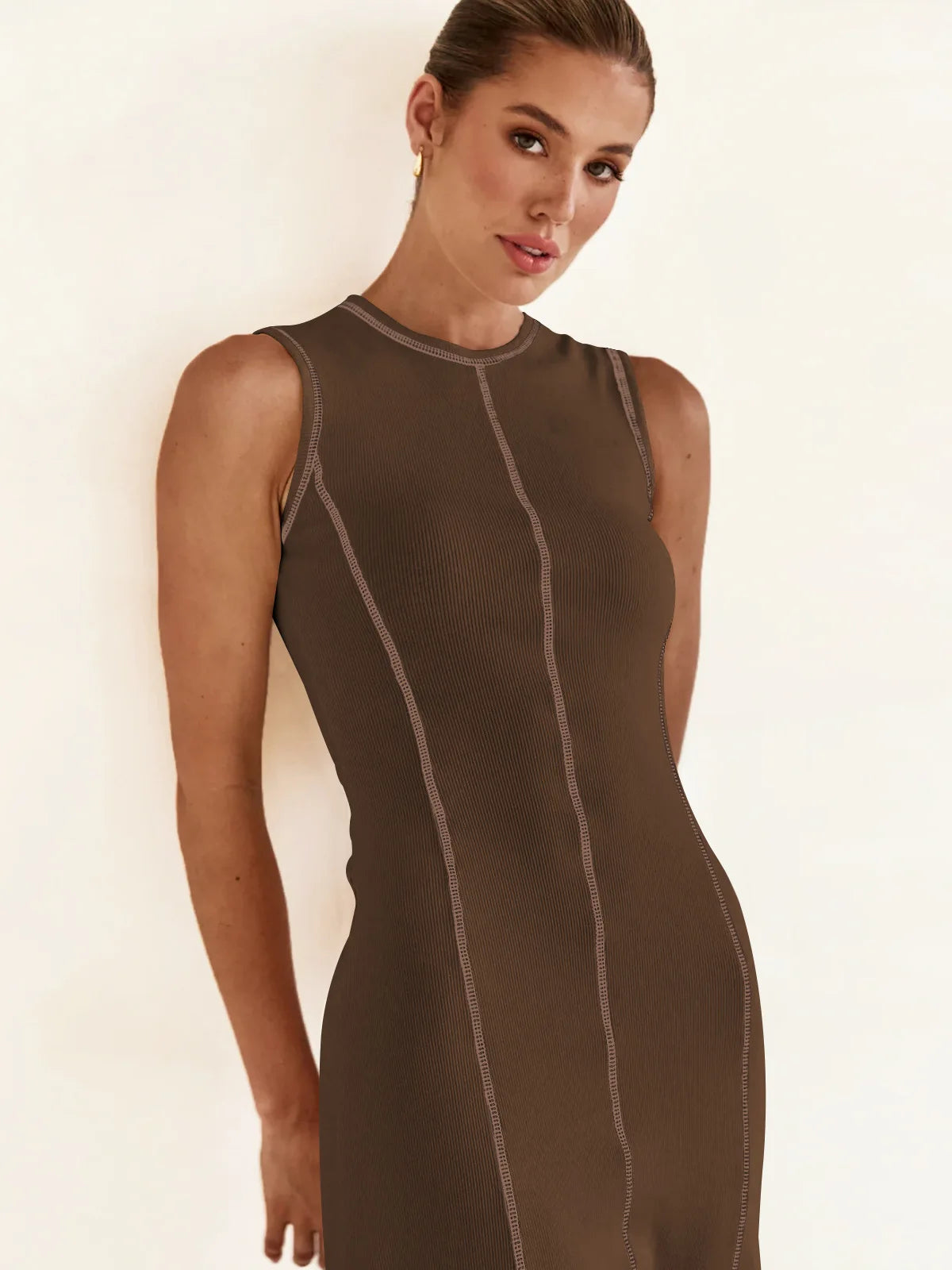 French Style Knitted Midaxi Dresses for Women Casual Solid Sleeveless