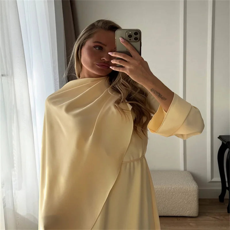 Elegant Satin Abaya Hijab Set Maxi Dress Belted Long Sleeve Formal Evening Gown