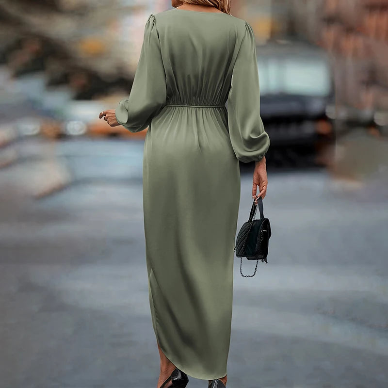 Satin Dress Solid Draped Dress Silk V-Neck Satin Long Sleeve