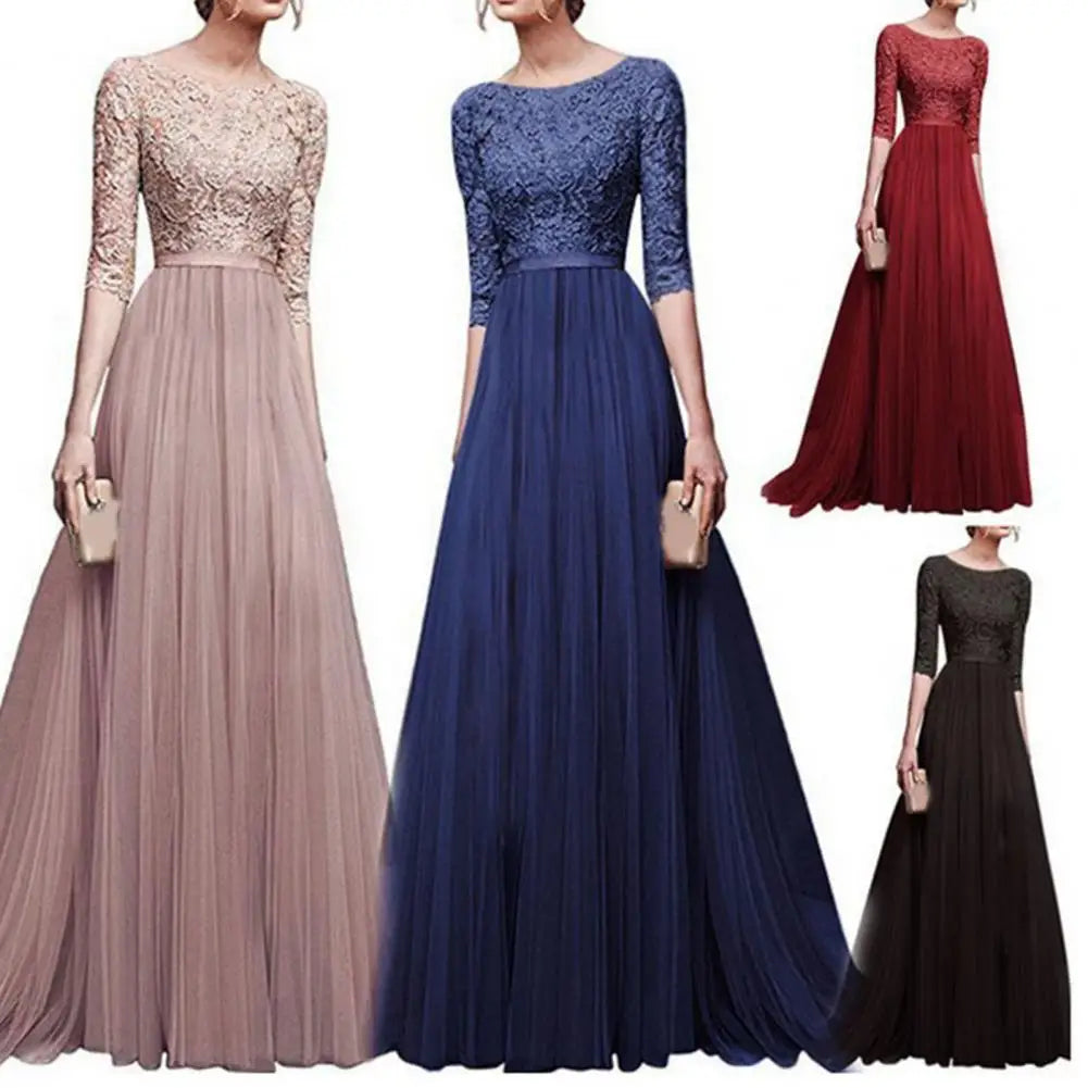 Lace Flower Embroidery Pleated Floor Length Women Chiffon Long Dress