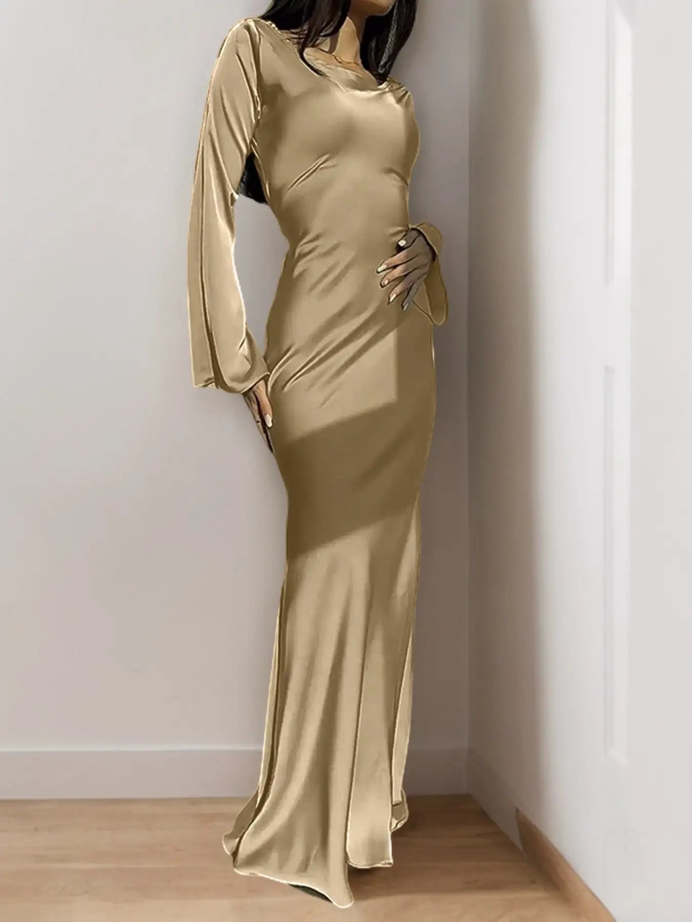 Satin Maxi Dress with Corset Waist Tie Classic Round Neck & Dramatic Flared Sleeves Luxury Evening Dress