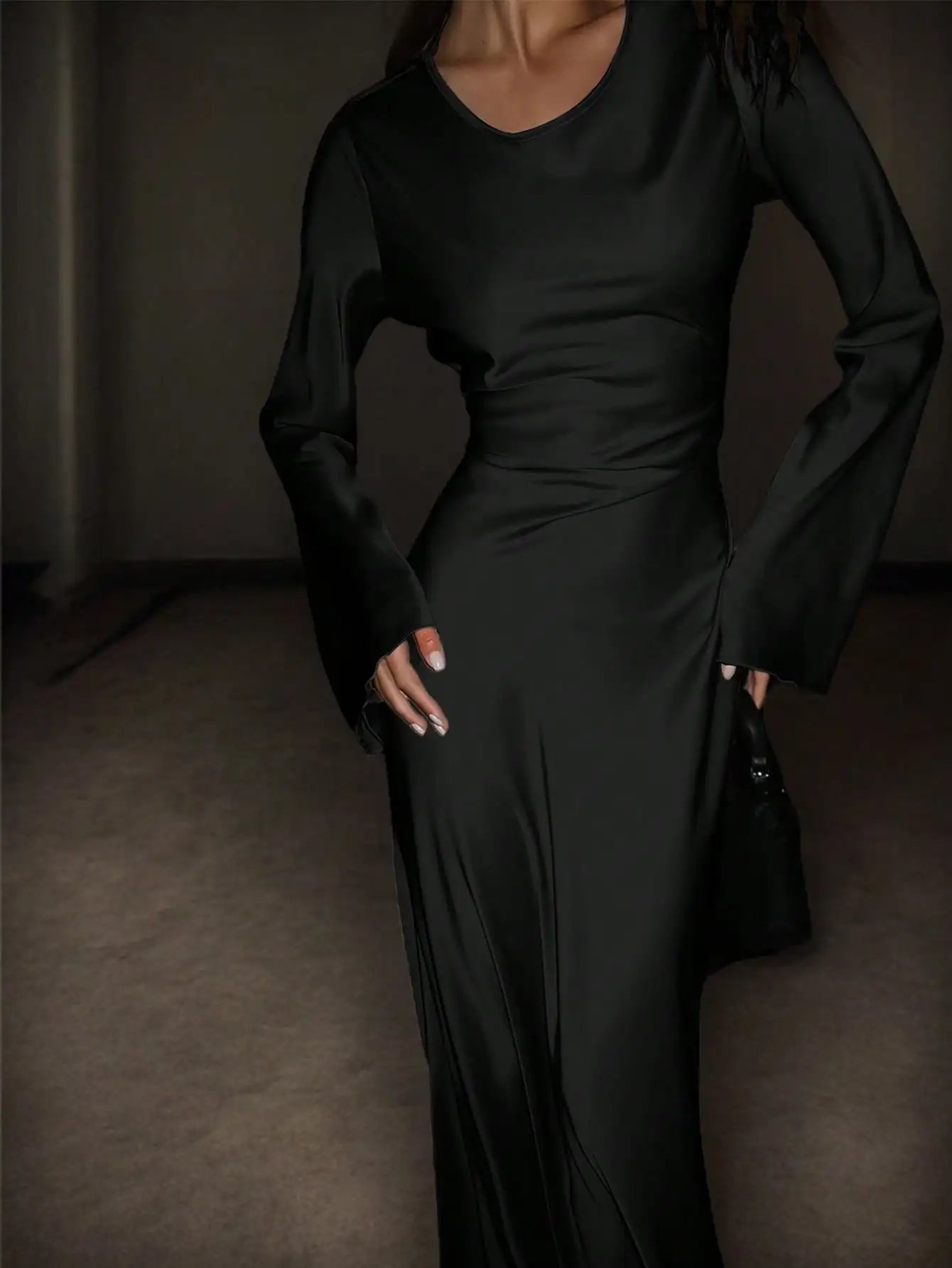 Satin Maxi Dress with Corset Waist Tie Classic Round Neck & Dramatic Flared Sleeves Luxury Evening Dress