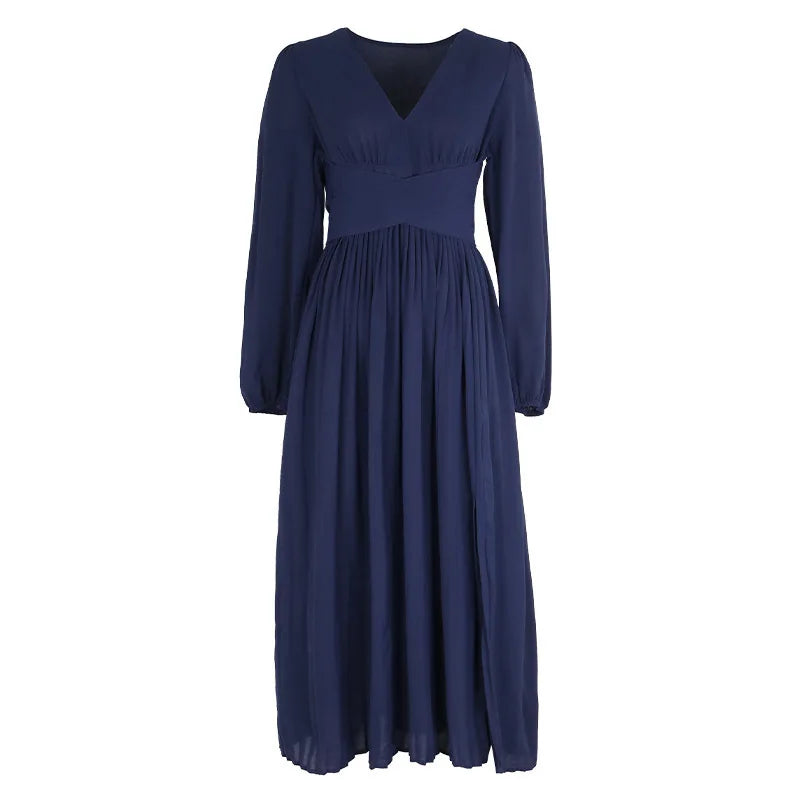 Solid Color V Neck Long Sleeve Midi Dress with Side Slit Waist Wrap