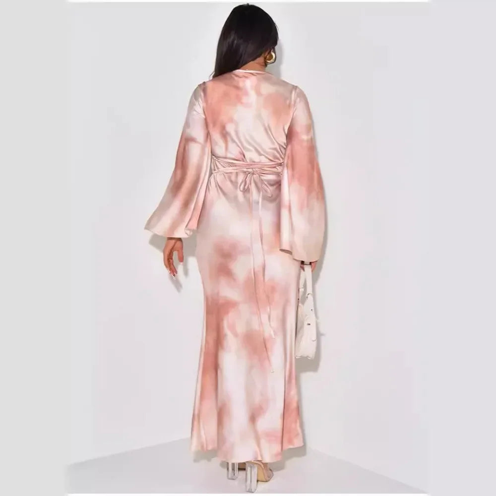 Print Long Sleeve Loose O-neck Bandage Satin Dress