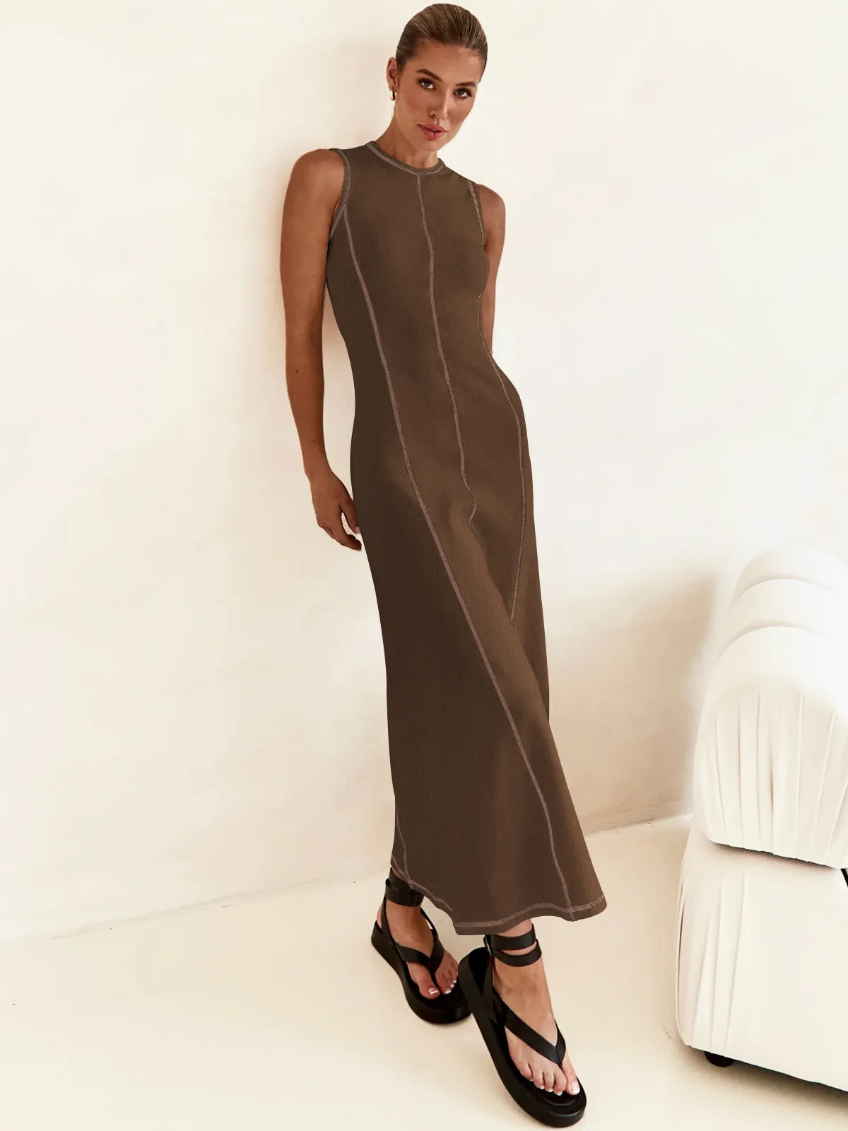 French Style Knitted Midaxi Dresses for Women Casual Solid Sleeveless