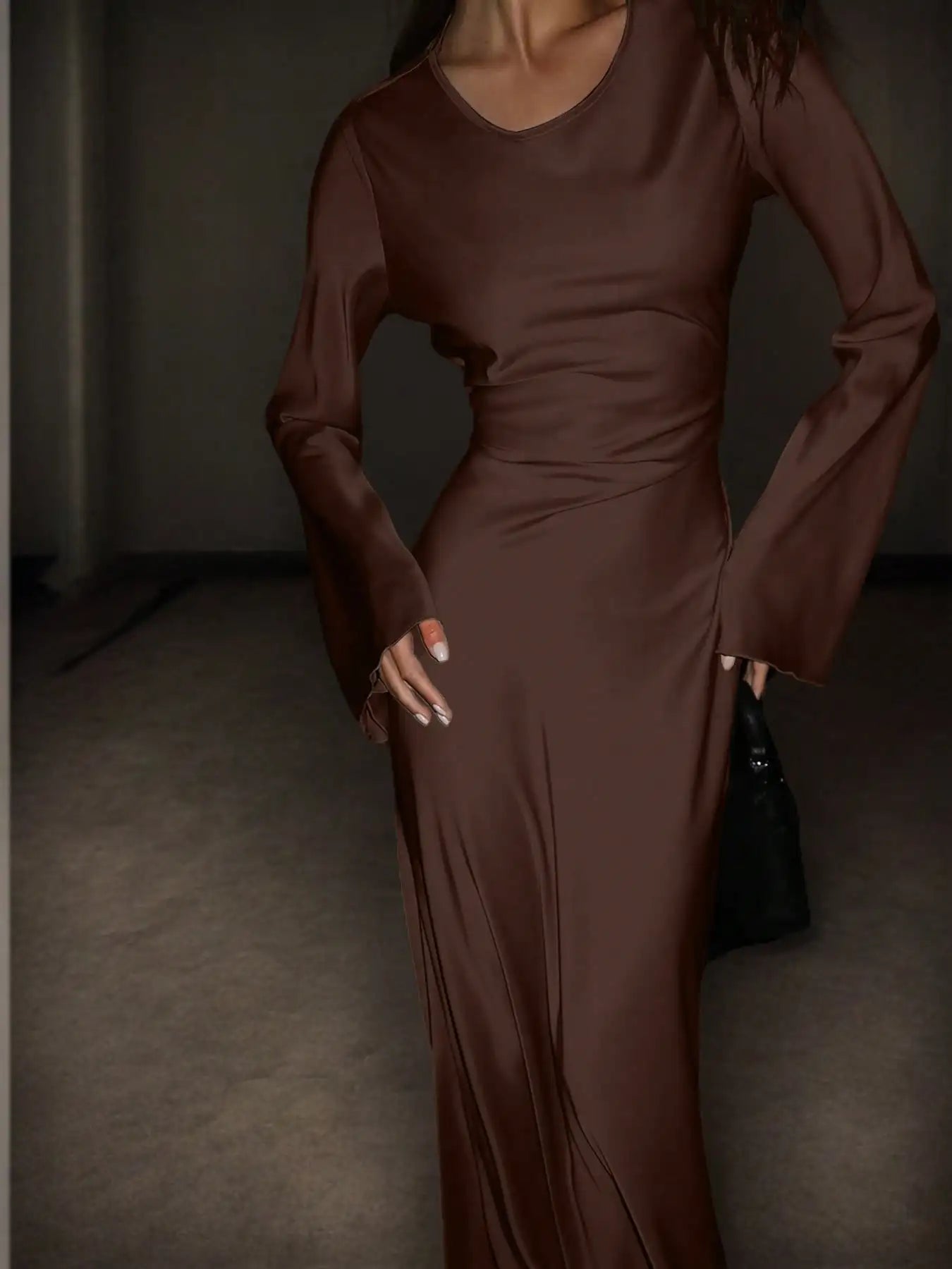 Satin Maxi Dress with Corset Waist Tie Classic Round Neck & Dramatic Flared Sleeves Luxury Evening Dress