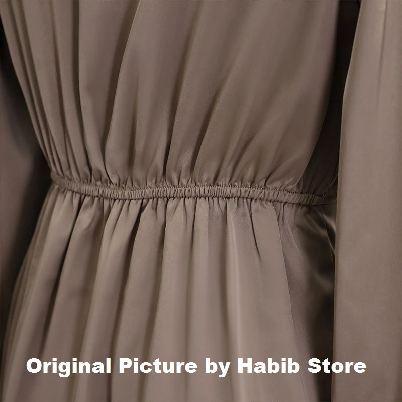 Satin Dress Solid Draped Dress Silk V-Neck Satin Long Sleeve