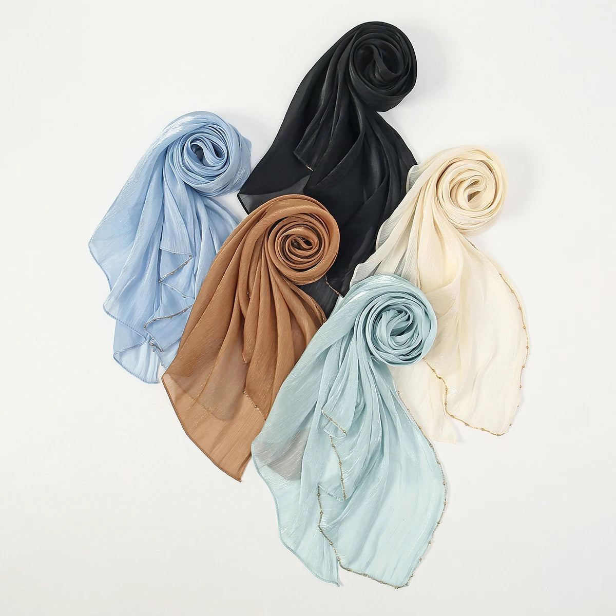 Beaded Silk Crinkle Shimmer Pleated Scarf