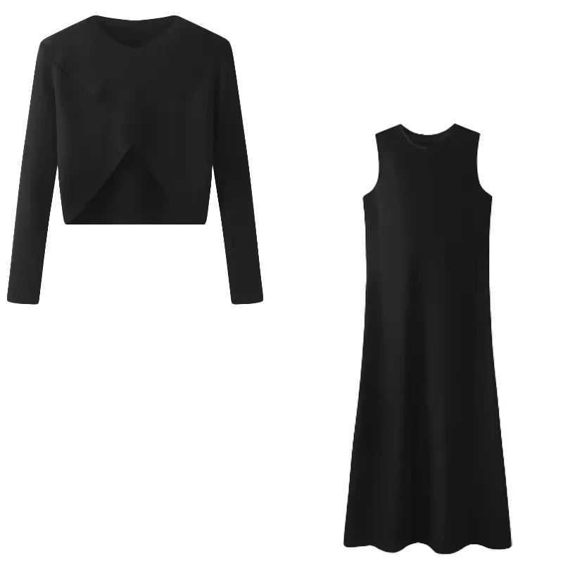 Soft Silk Satin Vest Dress Knitted Top Match Set Maxi Length Woman Chic Dress Set