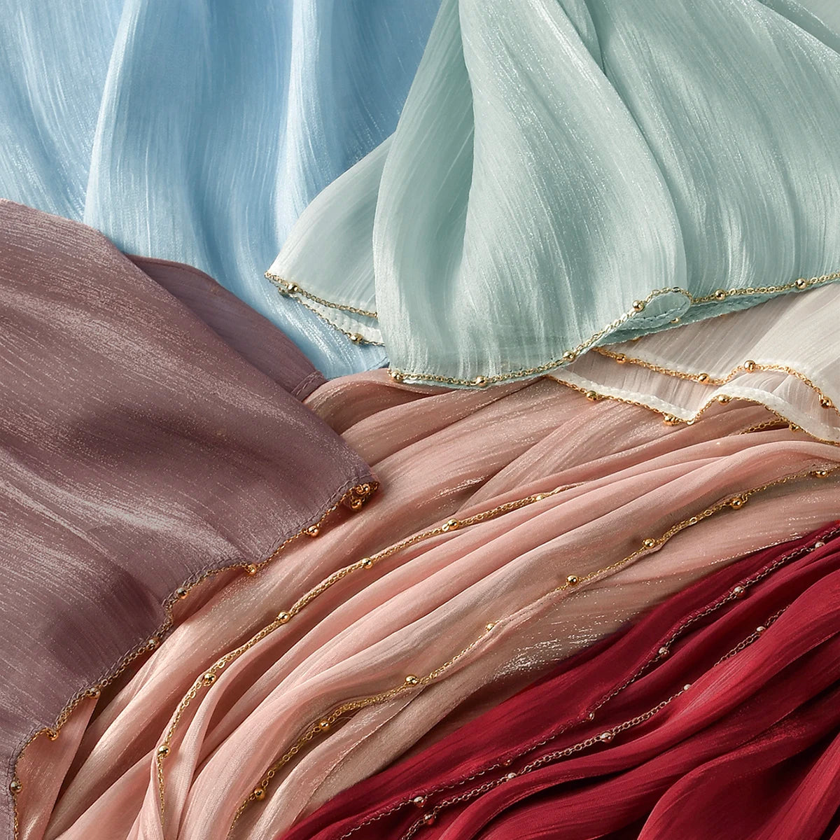 Beaded Silk Crinkle Shimmer Pleated Scarf