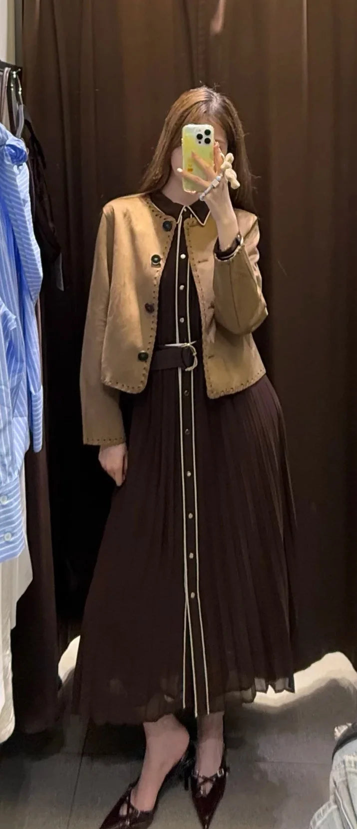 Russet Long Sleeves with Belt Pleated Embellished Midi Dress