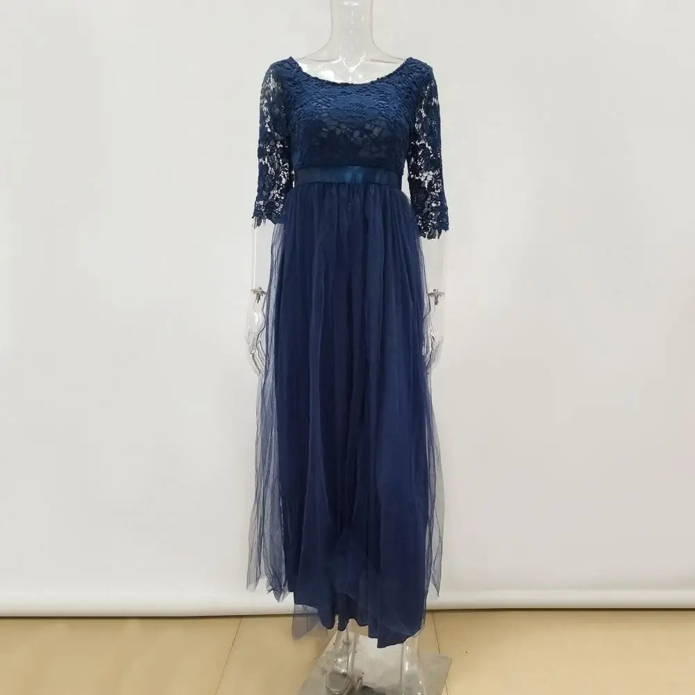 Lace Flower Embroidery Pleated Floor Length Women Chiffon Long Dress