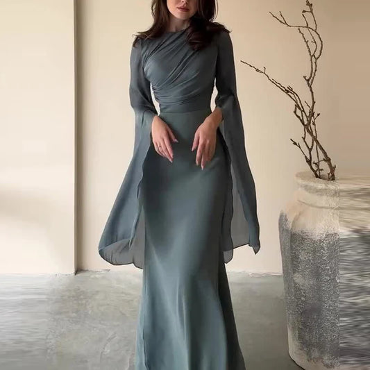 Satin Solid Robe Dress with Elegant Batwing Sleeves