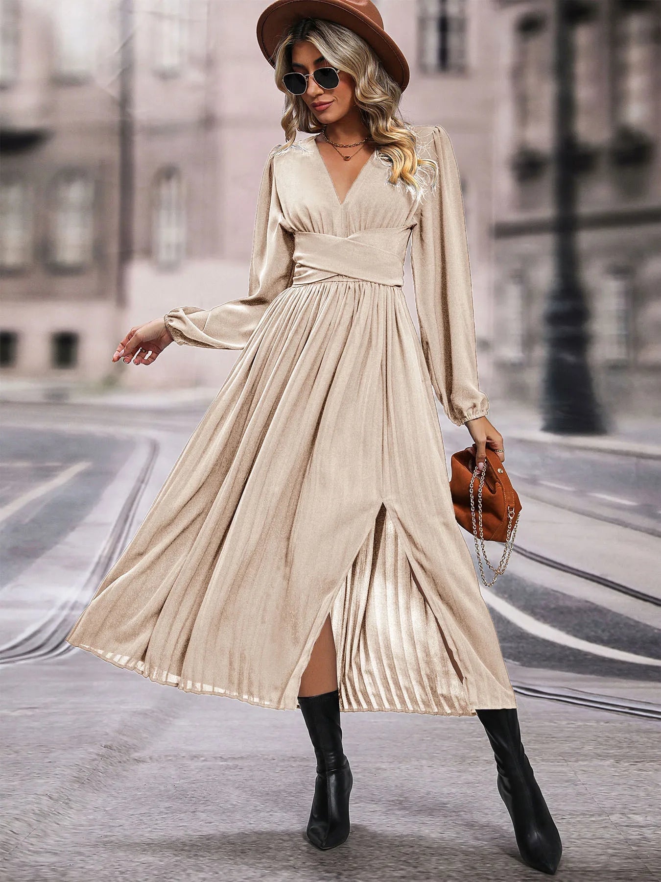 Solid Color V Neck Long Sleeve Midi Dress with Side Slit Waist Wrap
