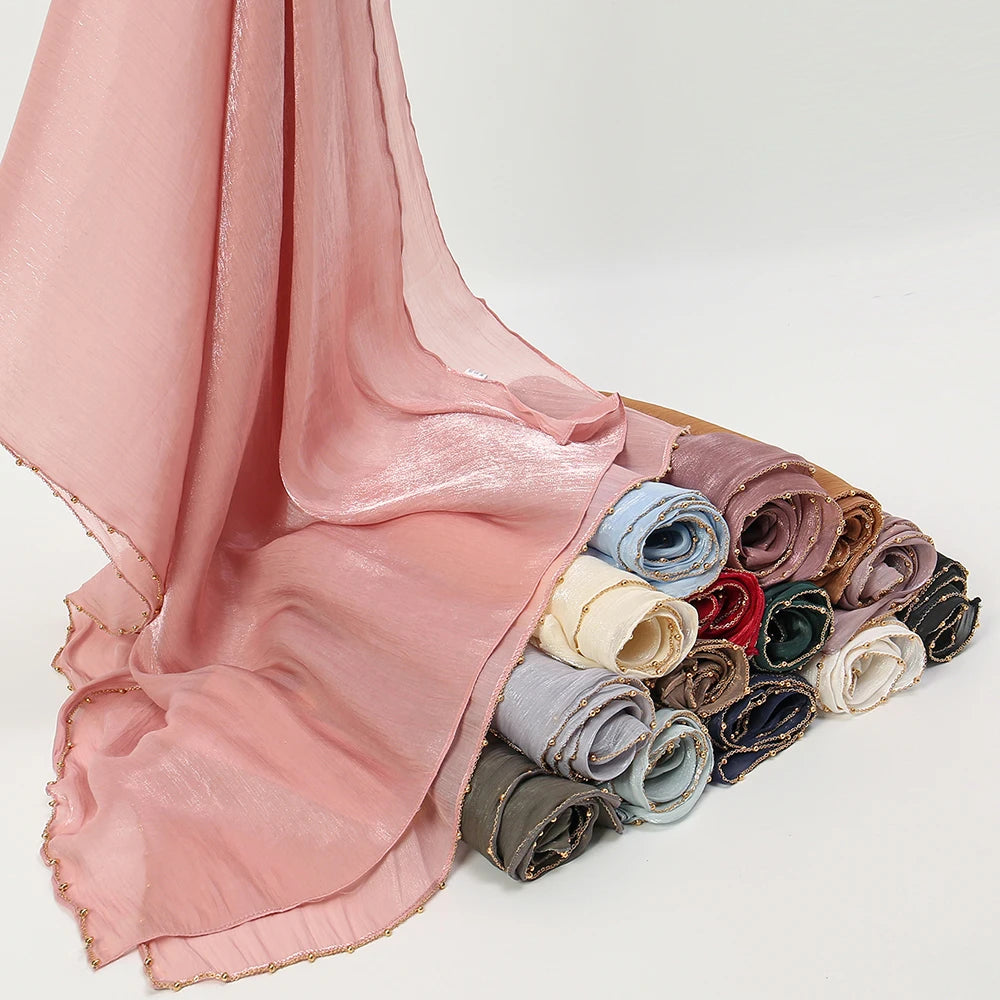 Beaded Silk Crinkle Shimmer Pleated Scarf