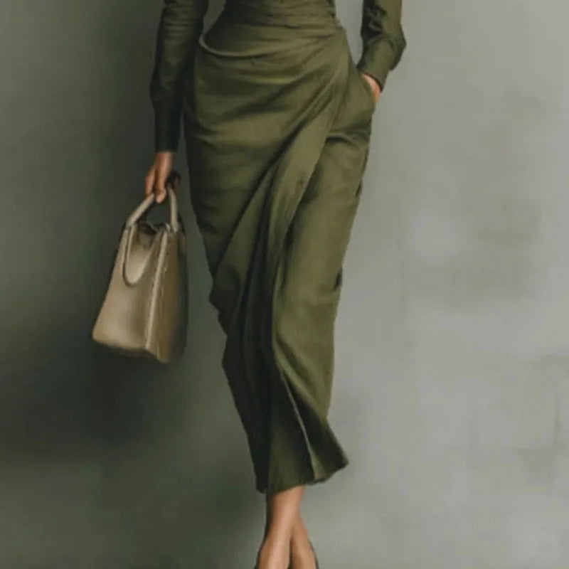 Woman Spring Polo Collar Button High Waist Slim Bodycon Dress