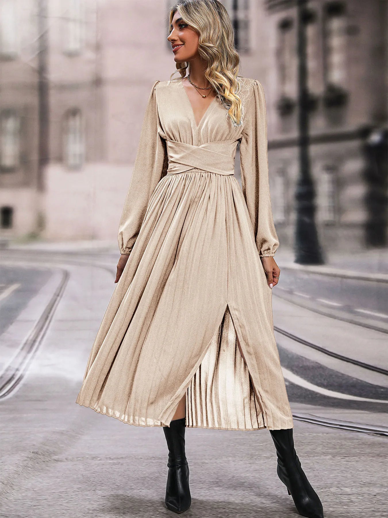 Solid Color V Neck Long Sleeve Midi Dress with Side Slit Waist Wrap