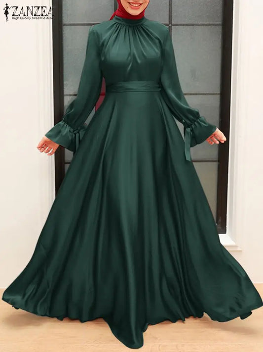 Satin Long Dress with Cinched Waist