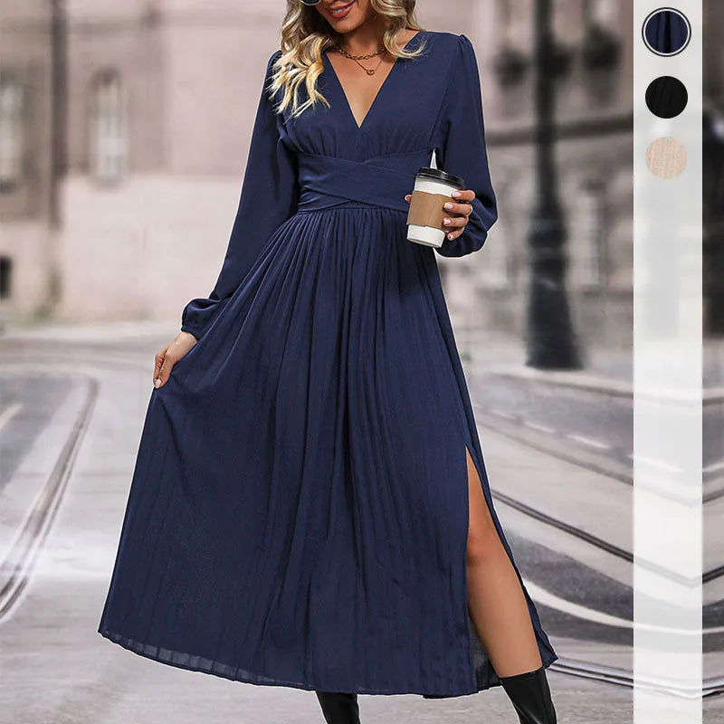 Solid Color V Neck Long Sleeve Midi Dress with Side Slit Waist Wrap