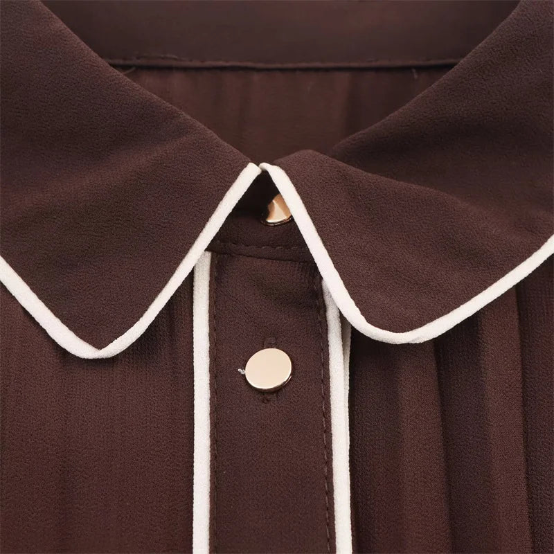 Russet Long Sleeves with Belt Pleated Embellished Midi Dress