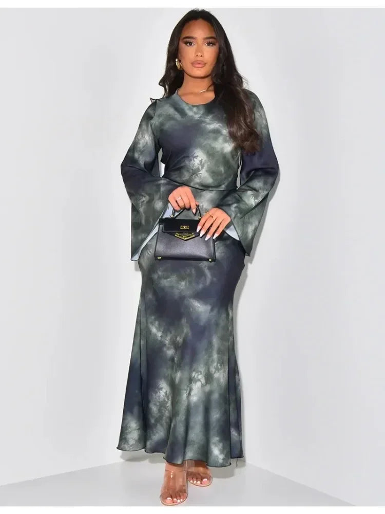 Print Long Sleeve Loose O-neck Bandage Satin Dress