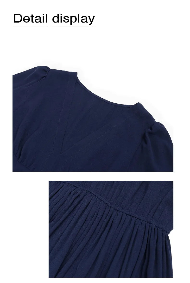 Solid Color V Neck Long Sleeve Midi Dress with Side Slit Waist Wrap