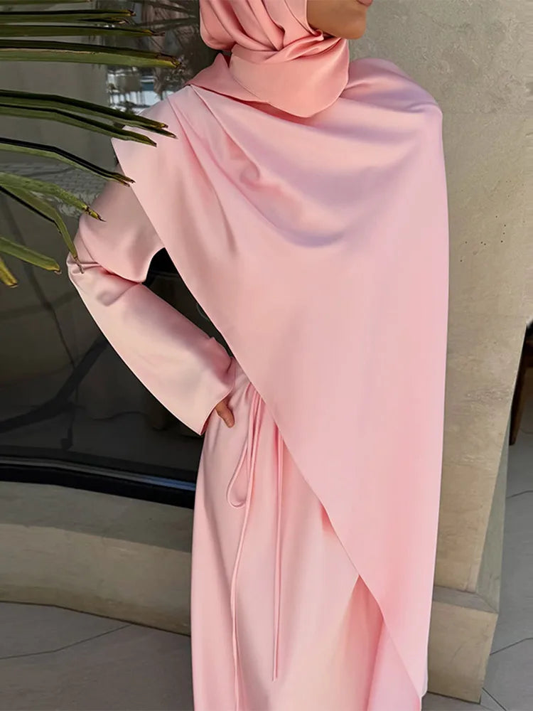 Elegant Satin Abaya Hijab Set Maxi Dress Belted Long Sleeve Formal Evening Gown