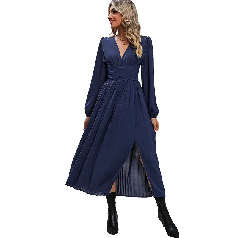 Solid Color V Neck Long Sleeve Midi Dress with Side Slit Waist Wrap