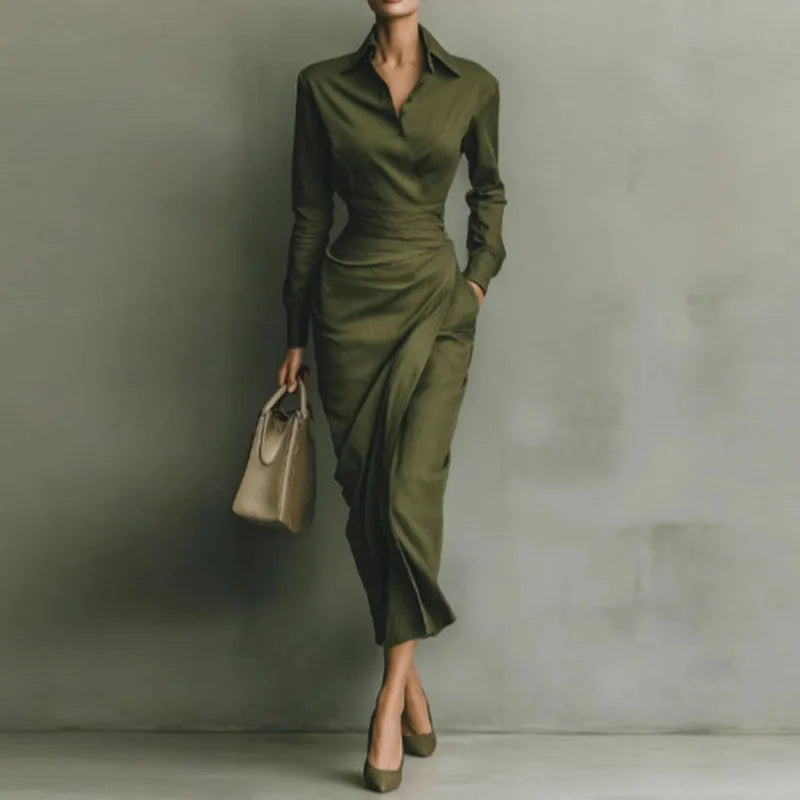 Woman Spring Polo Collar Button High Waist Slim Bodycon Dress