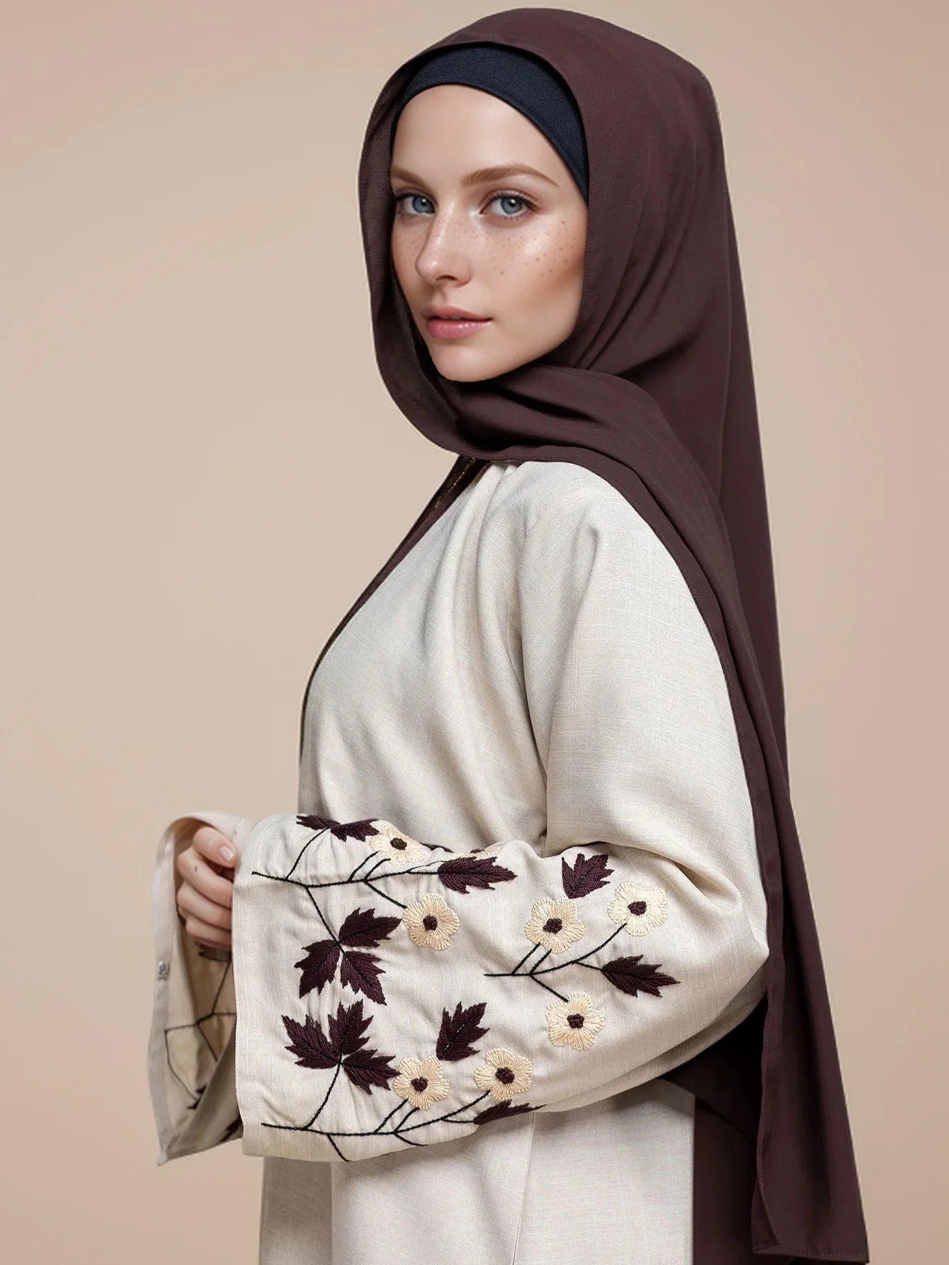 Apricot Abaya with Floral Embroidered Cuff