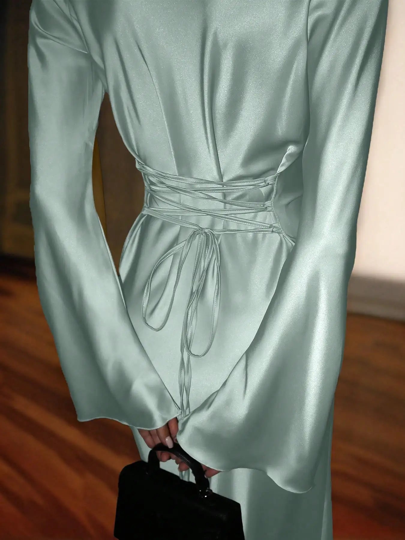 Satin Maxi Dress with Corset Waist Tie Classic Round Neck & Dramatic Flared Sleeves Luxury Evening Dress