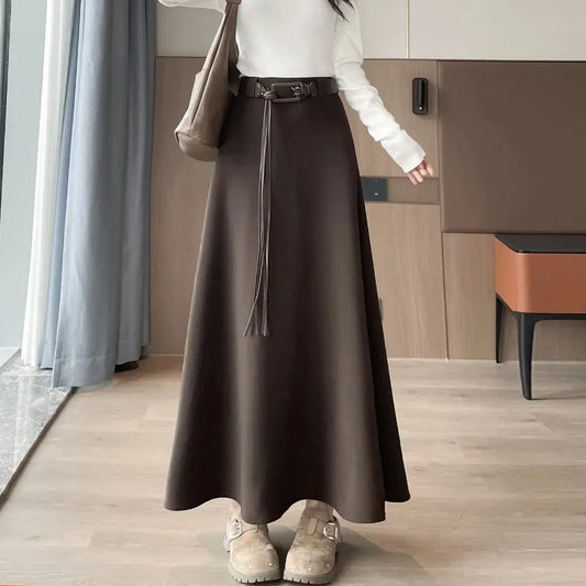 Women's Maxi Skirt High Waist with Belt A-Line Flared Hem