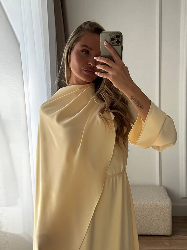 Elegant Satin Abaya Hijab Set Maxi Dress Belted Long Sleeve Formal Evening Gown