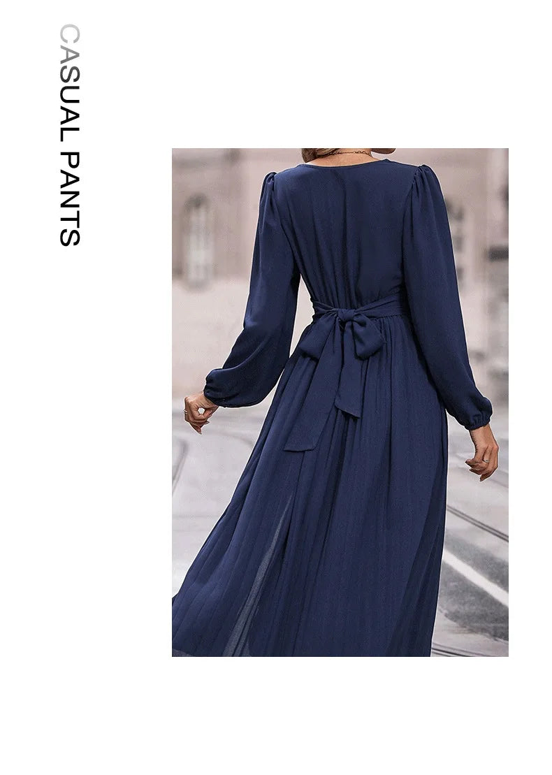 Solid Color V Neck Long Sleeve Midi Dress with Side Slit Waist Wrap
