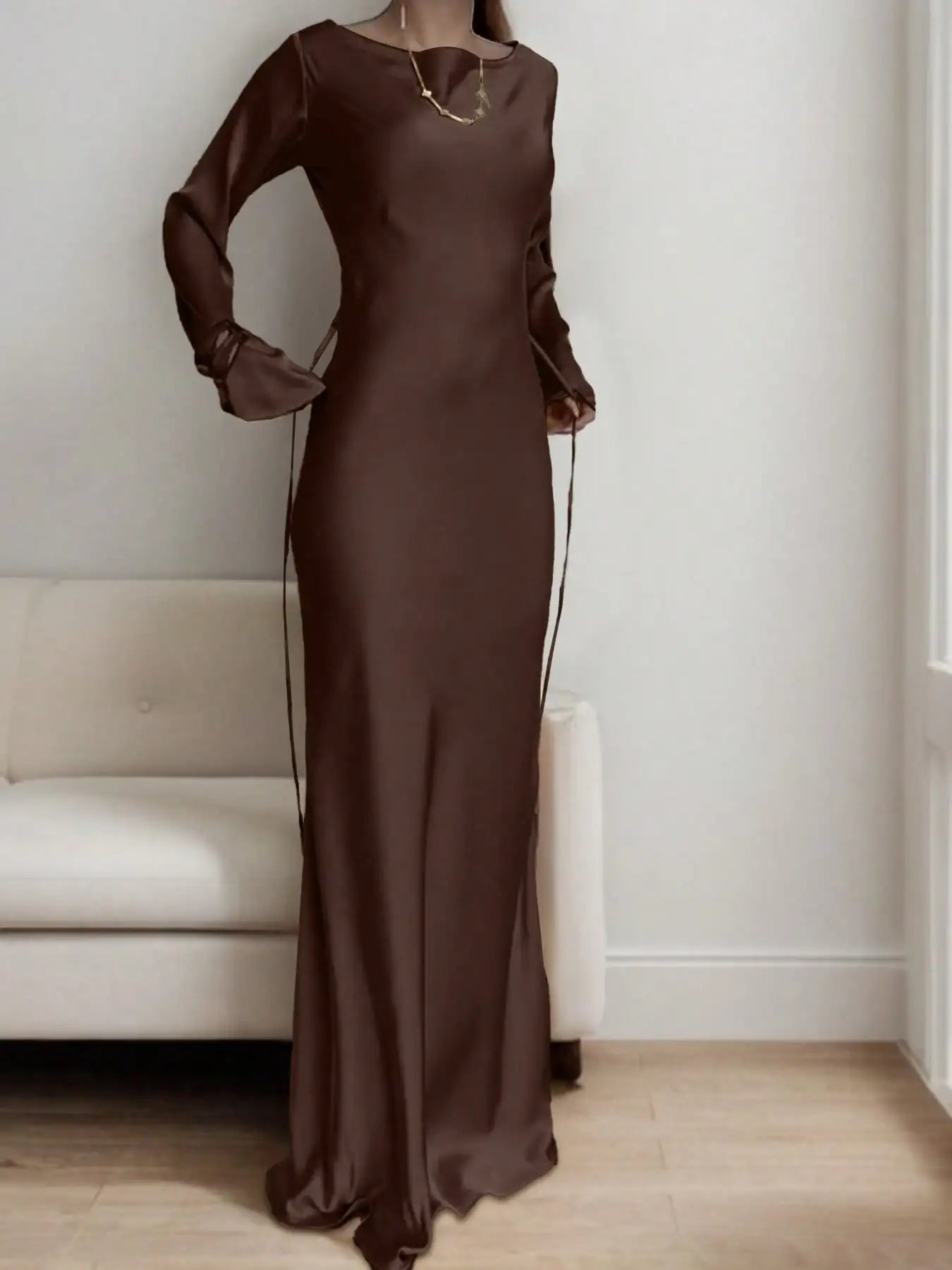 Satin Maxi Dress with Corset Waist Tie Classic Round Neck & Dramatic Flared Sleeves Luxury Evening Dress