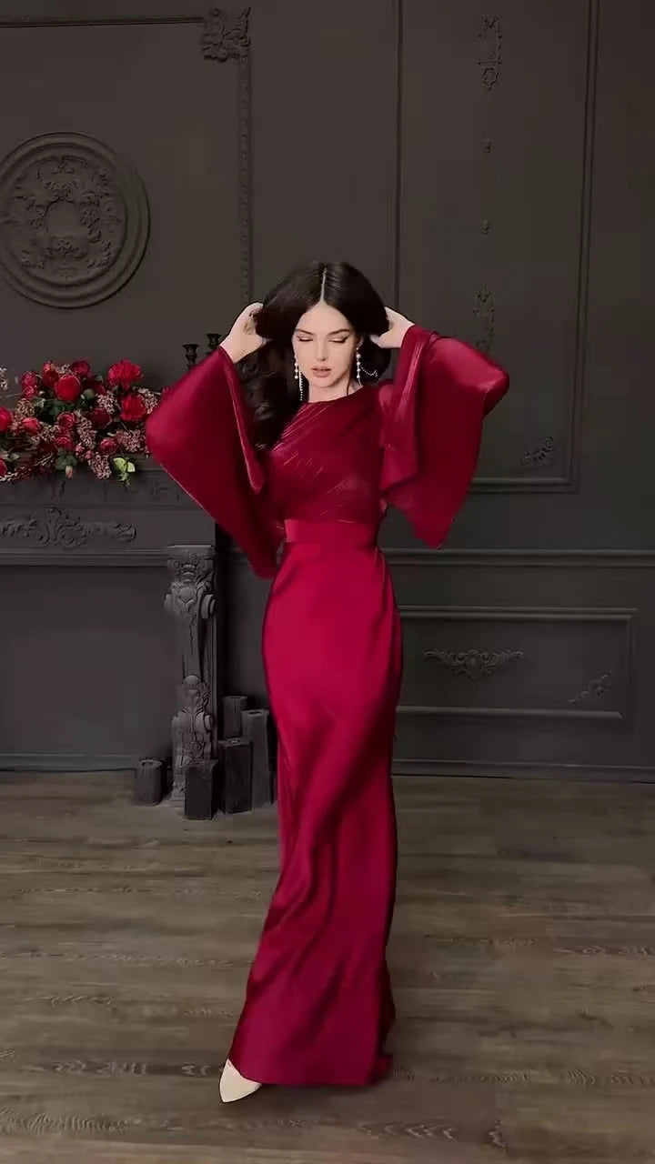 Splicing Silk Long Sleeve High Waist A-Line Dress