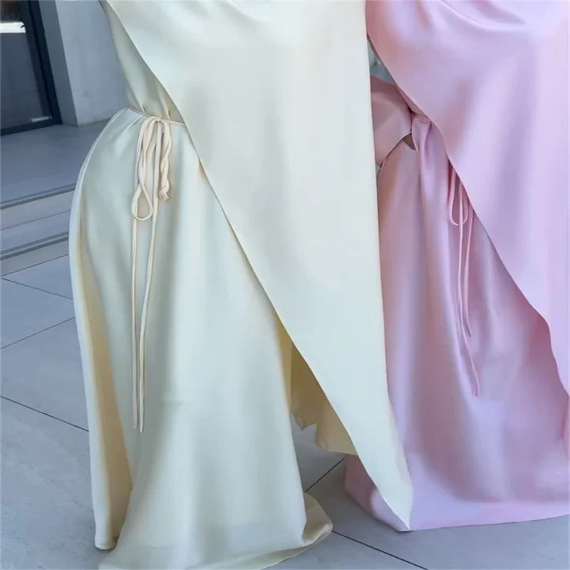 Elegant Satin Abaya Hijab Set Maxi Dress Belted Long Sleeve Formal Evening Gown