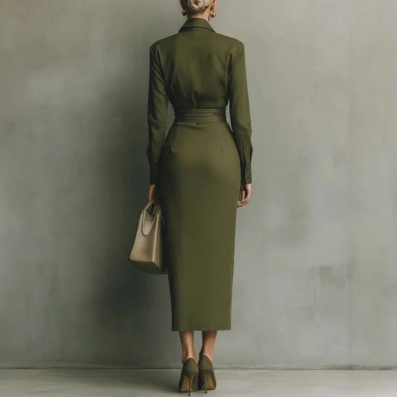 Woman Spring Polo Collar Button High Waist Slim Bodycon Dress