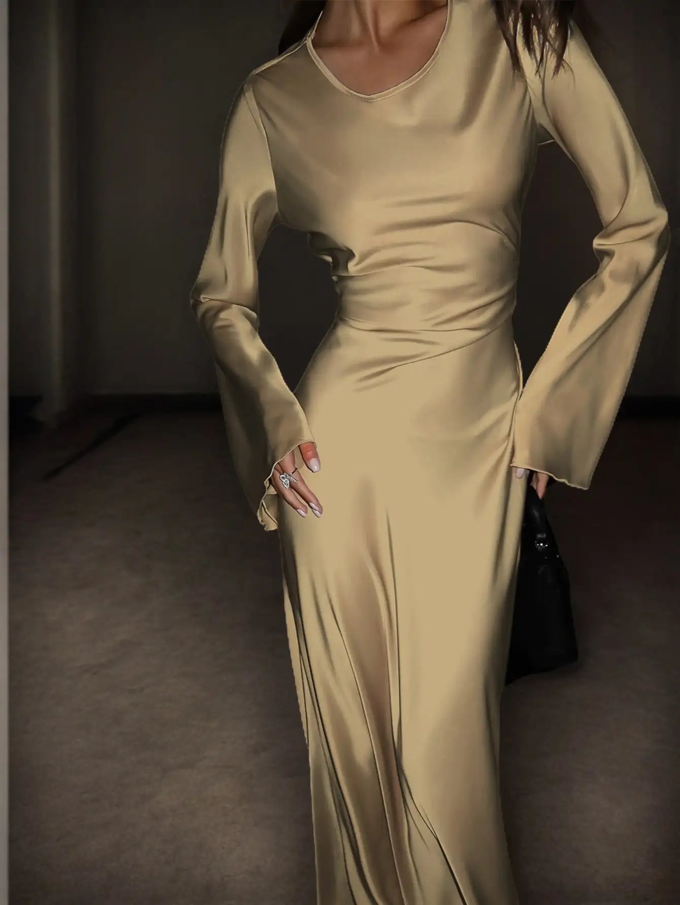 Satin Maxi Dress with Corset Waist Tie Classic Round Neck & Dramatic Flared Sleeves Luxury Evening Dress