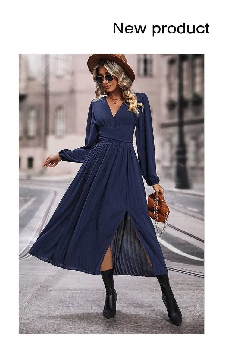 Solid Color V Neck Long Sleeve Midi Dress with Side Slit Waist Wrap
