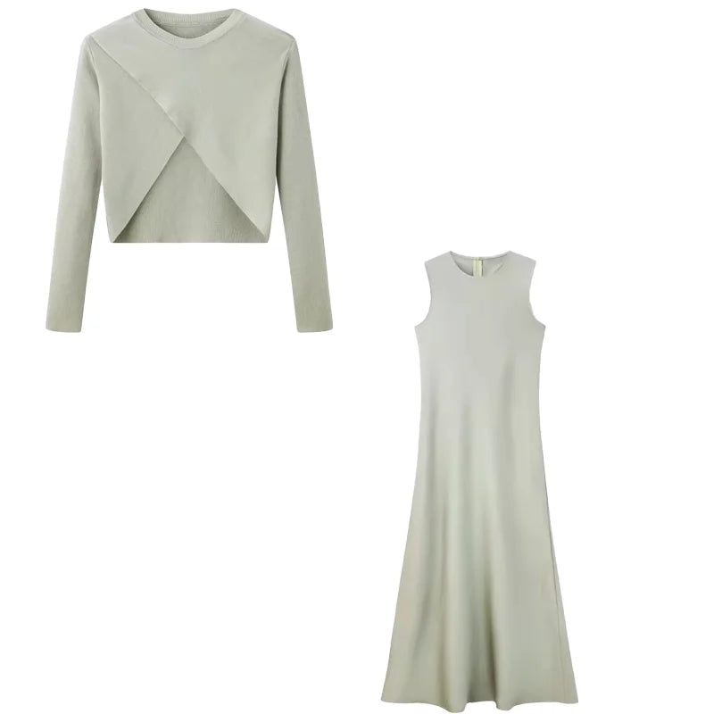 Soft Silk Satin Vest Dress Knitted Top Match Set Maxi Length Woman Chic Dress Set