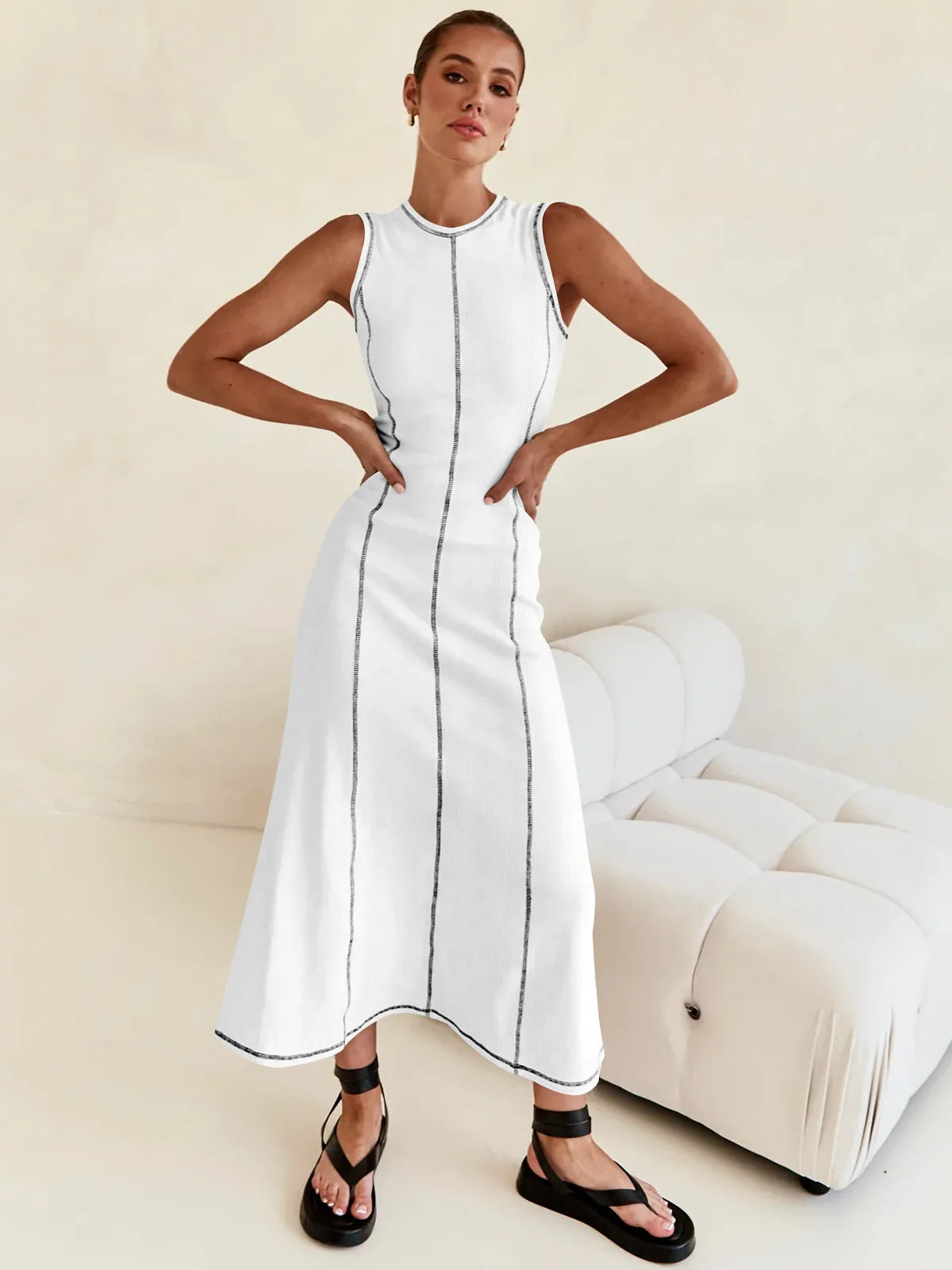 French Style Knitted Midaxi Dresses for Women Casual Solid Sleeveless