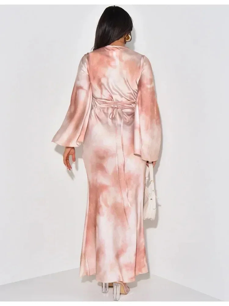 Print Long Sleeve Loose O-neck Bandage Satin Dress