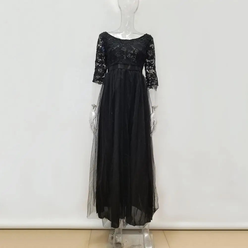 Lace Flower Embroidery Pleated Floor Length Women Chiffon Long Dress