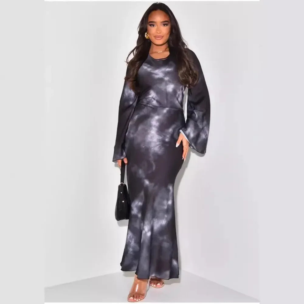 Print Long Sleeve Loose O-neck Bandage Satin Dress