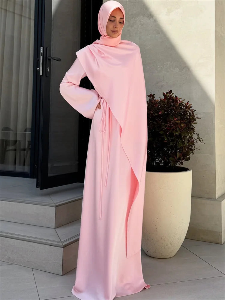 Elegant Satin Abaya Hijab Set Maxi Dress Belted Long Sleeve Formal Evening Gown