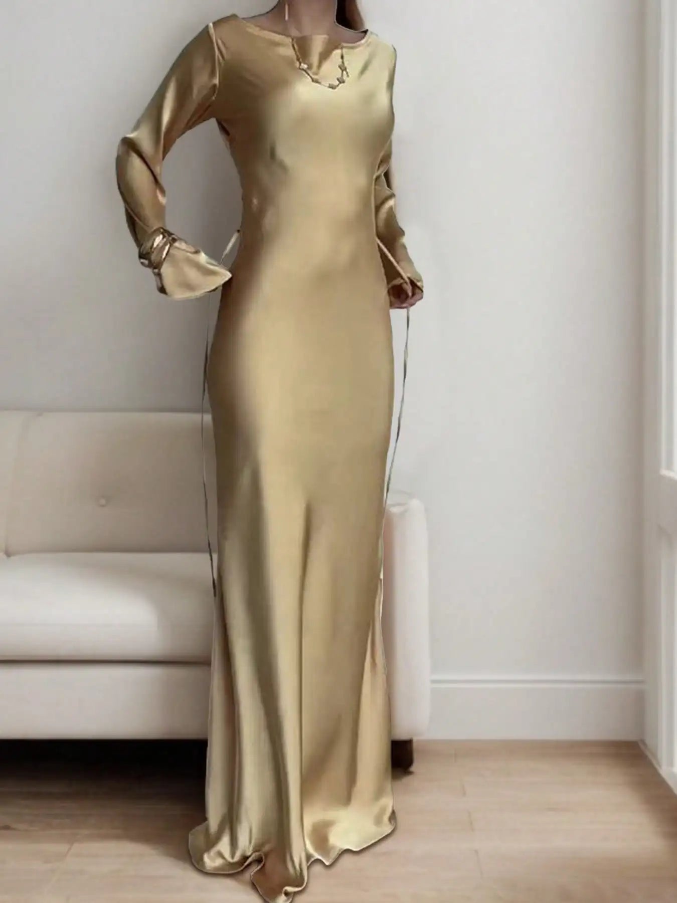 Satin Maxi Dress with Corset Waist Tie Classic Round Neck & Dramatic Flared Sleeves Luxury Evening Dress